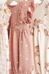 Next Baby % 100 Pamuklu Krem Pembe Ayıcık Desenli Romper 3’lü Set