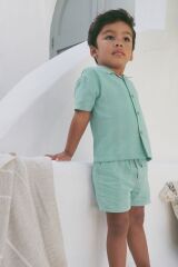 Next Baby % 100 Pamuklu Yeşil Kısa Kollu Dokulu Gömlek Şort 2’li Alt Üst Takım