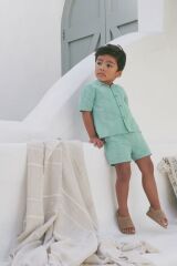 Next Baby % 100 Pamuklu Yeşil Kısa Kollu Dokulu Gömlek Şort 2’li Alt Üst Takım