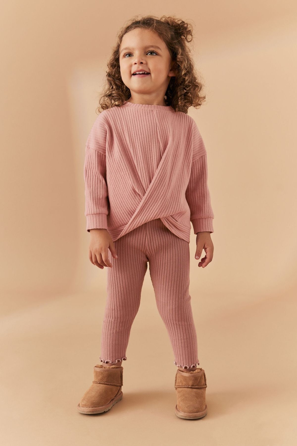 Next Baby Pamuklu Pembe Ribanalı Uzun Kollu Sweat Tayt Alt Üst Takım