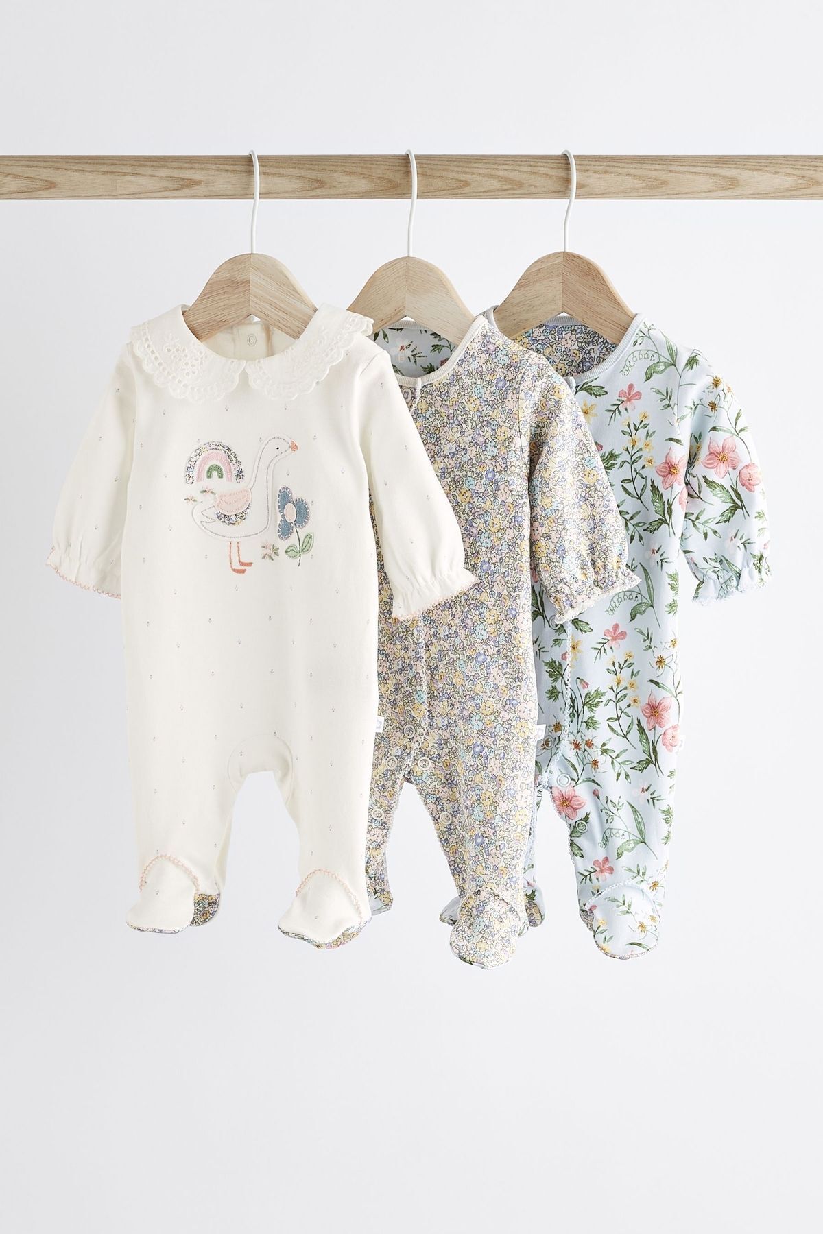 Next Baby % 100 Pamuklu Beyaz Ördek Desenli 3’lü Tulum Set