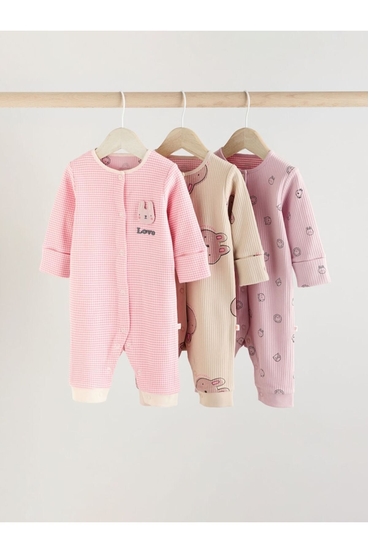 Next Baby % 100 Pamuklu Pembe Tavşan Desenli 3'lü Tulum Set