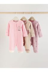 Next Baby % 100 Pamuklu Pembe Tavşan Desenli 3'lü Tulum Set