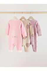 Next Baby % 100 Pamuklu Pembe Tavşan Desenli 3'lü Tulum Set