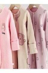 Next Baby % 100 Pamuklu Pembe Tavşan Desenli 3'lü Tulum Set