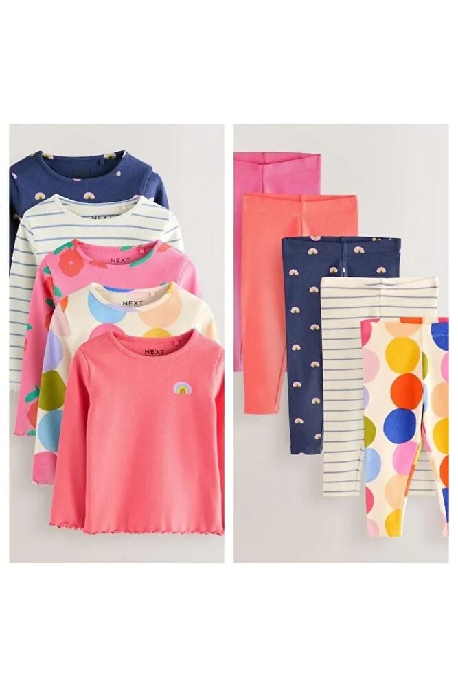 Pembe Gökkuşağı Desenli Uzun Kollu 5'Lİ Alt Üst Takım