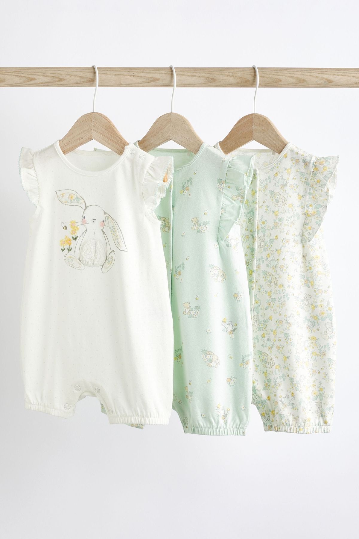 Next Baby % 100 Pamuklu Yeşil Beyaz Tavşan Desenli 3’lü Romper Set