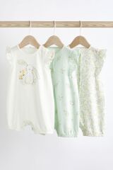 Next Baby % 100 Pamuklu Yeşil Beyaz Tavşan Desenli 3’lü Romper Set