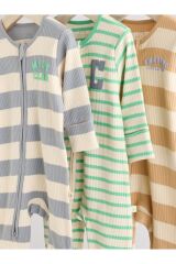 Next Baby %100 Pamuklu Mavi Yeşil Turuncu Çizgili Ayaksız 3'lü Tulum Set