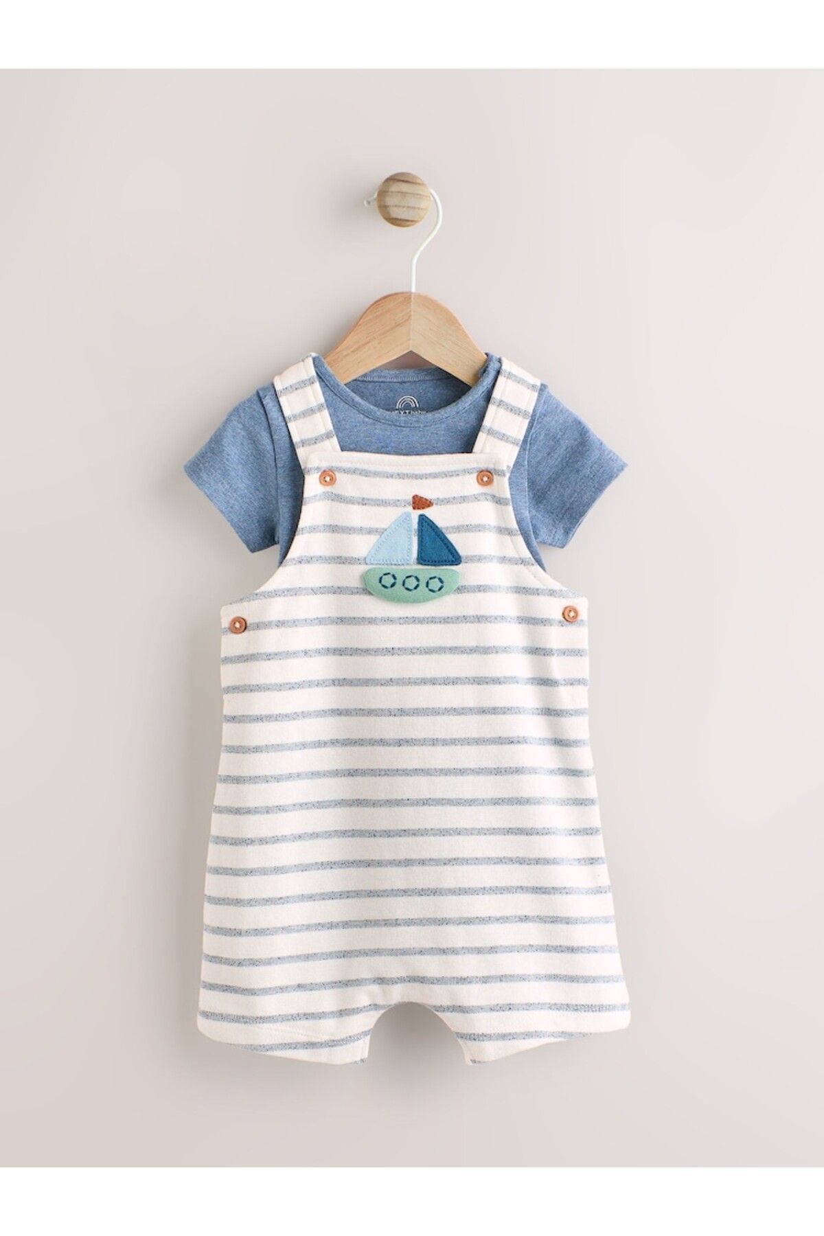 Next Baby %100 Pamuklu Mavi Beyaz Çizgili Gemi Desenli Kısa Kollu Salopet Body Zıbın Set