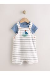 Next Baby %100 Pamuklu Mavi Beyaz Çizgili Gemi Desenli Kısa Kollu Salopet Body Zıbın Set