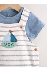 Next Baby %100 Pamuklu Mavi Beyaz Çizgili Gemi Desenli Kısa Kollu Salopet Body Zıbın Set