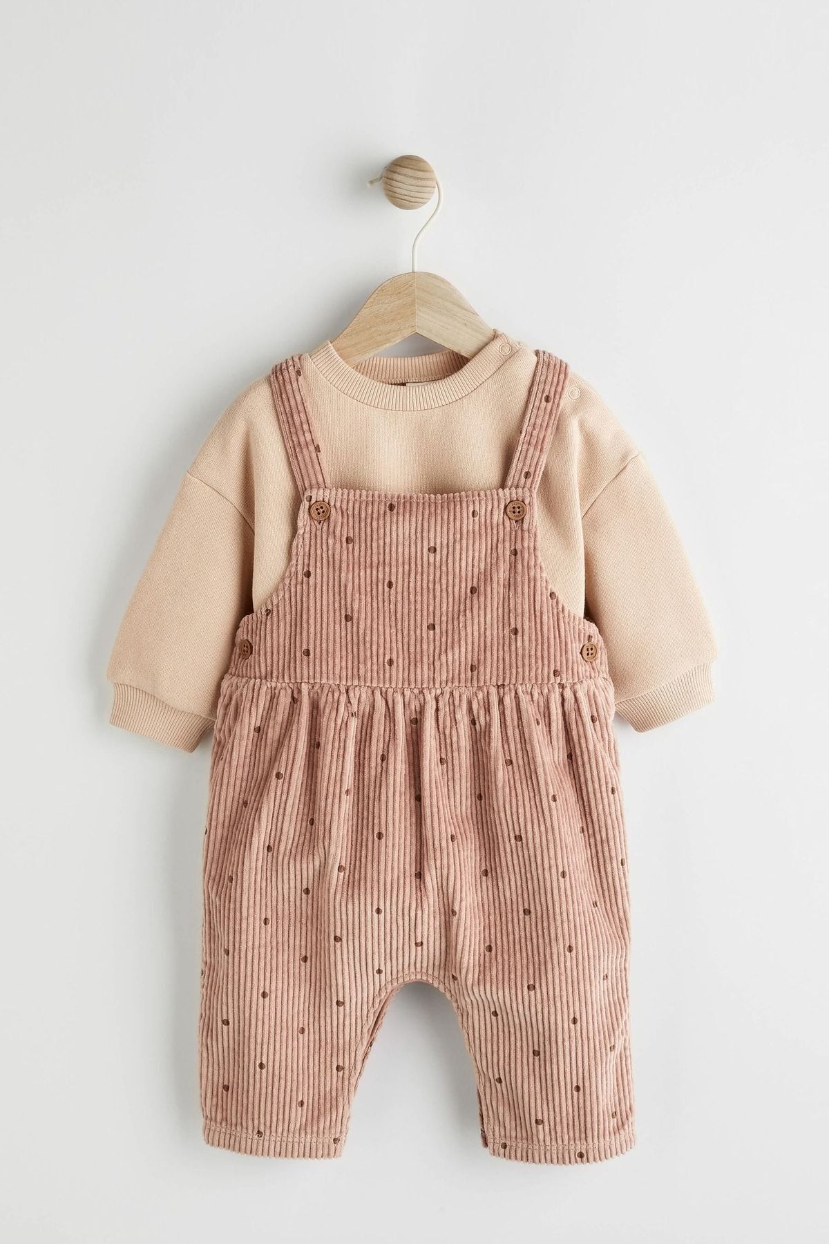 Next Baby % 100 Pamuklu Sütlü Kahve Nokta Desenli Salopet Body Zıbın Set