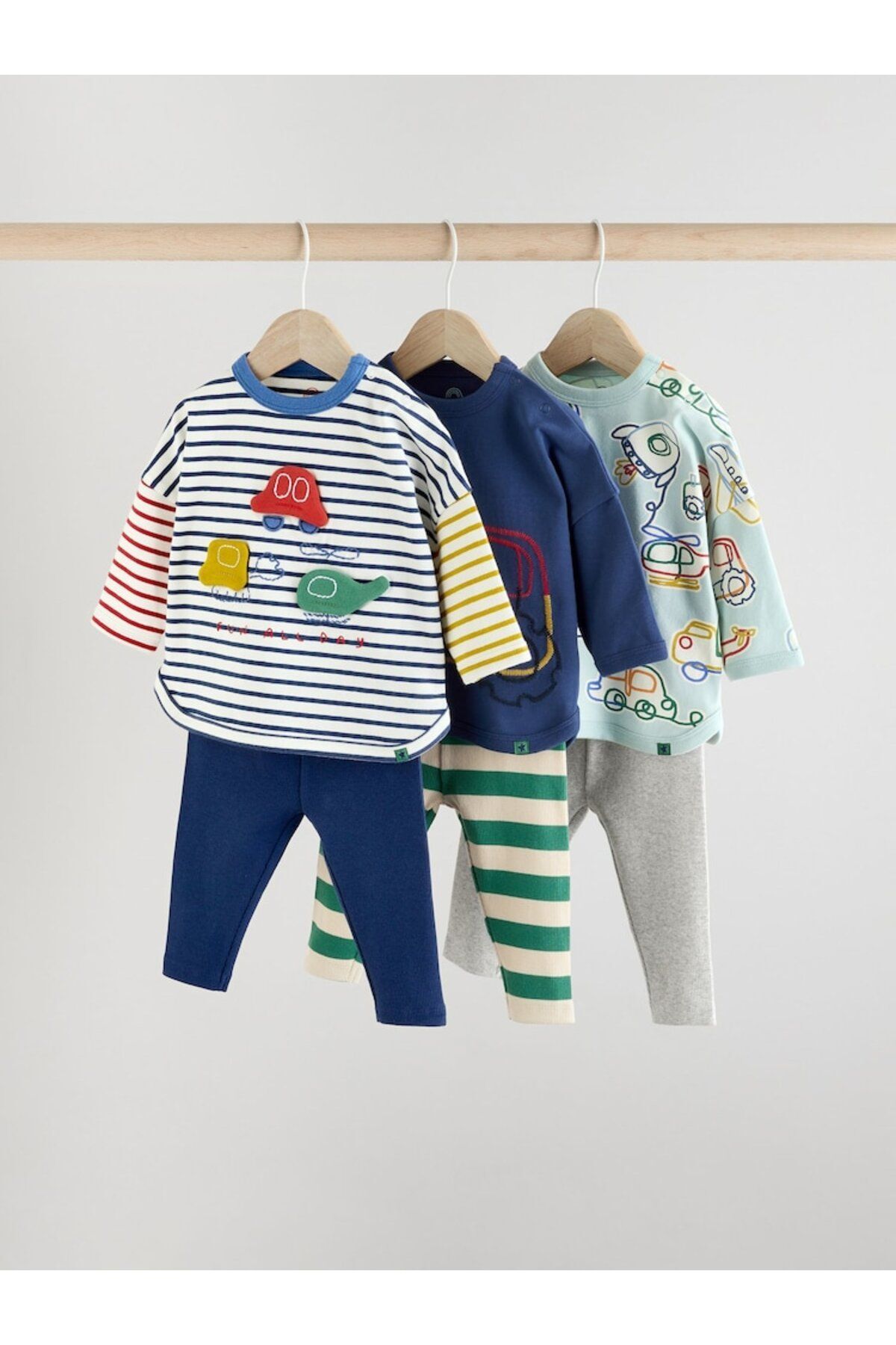 Next Baby Pamuklu Mavi Gri Baskılı Uzun Kollu 3'lü Alt Üst Takım
