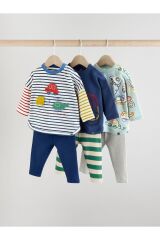 Next Baby Pamuklu Mavi Gri Baskılı Uzun Kollu 3'lü Alt Üst Takım