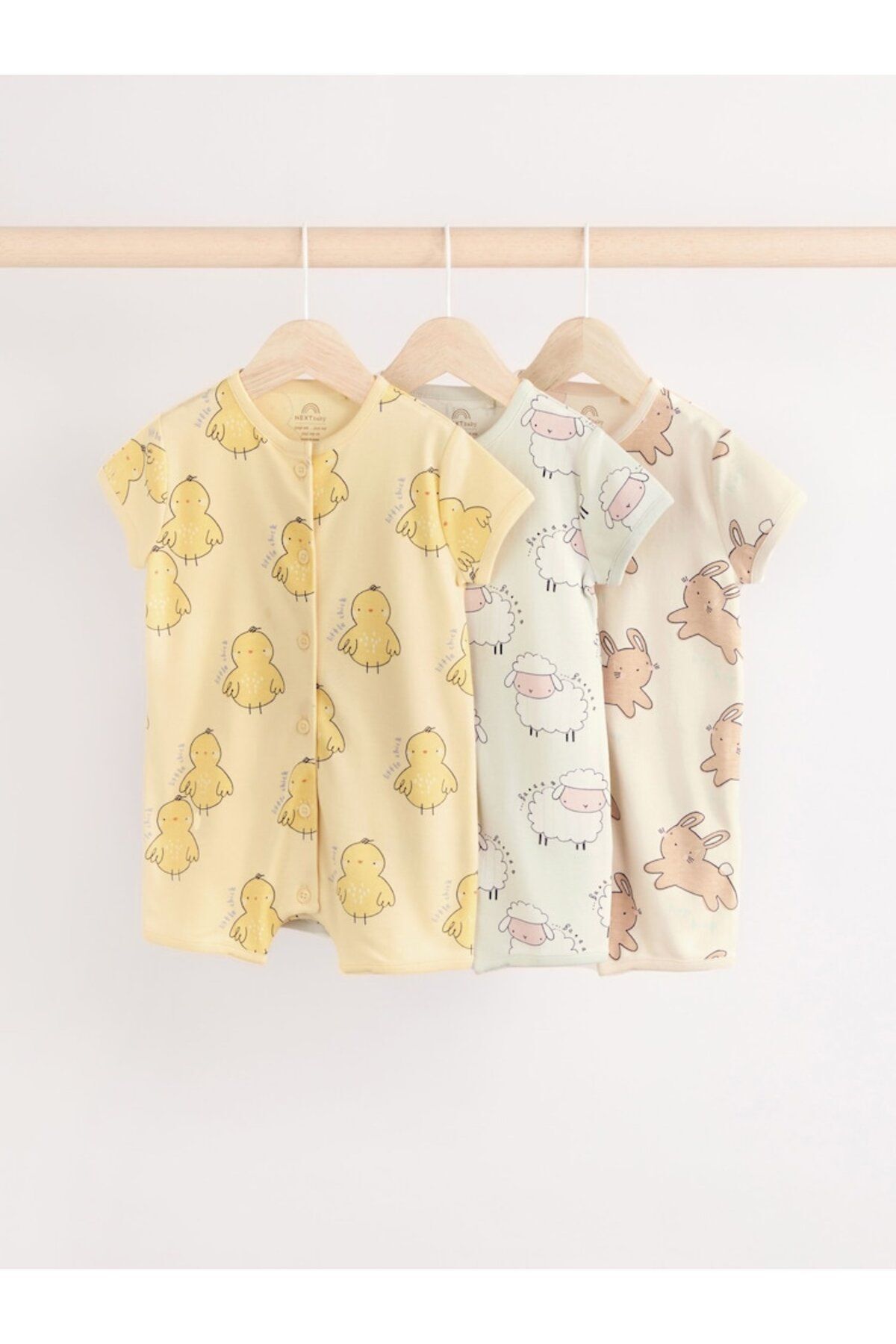 Next Baby % 100 Pamuklu Krem Sarı Hayvan Desenli 3'lü Romper Set