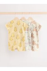 Next Baby % 100 Pamuklu Krem Sarı Hayvan Desenli 3'lü Romper Set