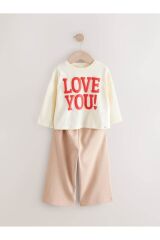 Next Baby Pamuklu Kırmızı Krem Love You Baskılı Uzun Kollu 2'li Alt Üst Takım