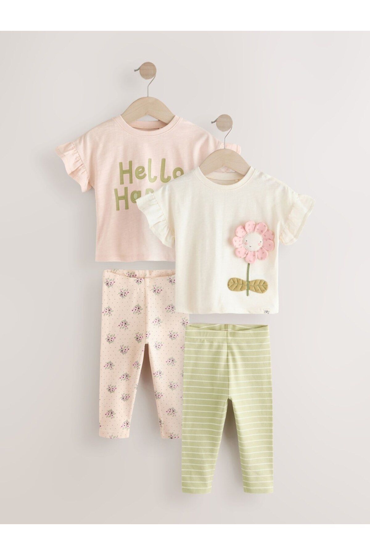 Next Baby Pamuklu Krem  Kısa Kollu Çiçek Desenli 3'li Alt Üst Takım