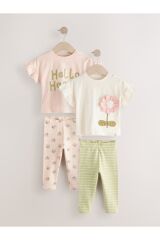 Next Baby Pamuklu Krem  Kısa Kollu Çiçek Desenli 3'li Alt Üst Takım