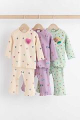 Next Baby Krem Lila Kalp Çiçek Desenli Uzun Kollu 3'lü Alt Üst Takım