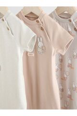Next Baby % 100 Pamuklu Krem Bej Tavşan Desenli 3'lü Romper Set