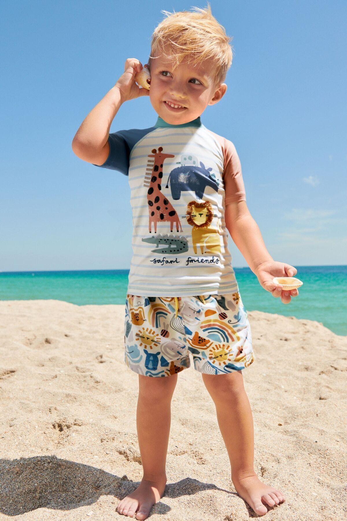 Next Baby Krem Safari Sunsafe UPF 50+ Güneş Korumalı Şortlu Mayo Alt Üst Takım