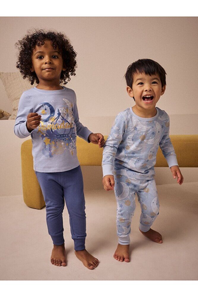 Pamuklu Mavi Ramazan Temalı Uzun Kollu Pijama Alt Üst Takım