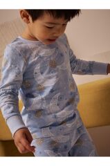 Pamuklu Mavi Ramazan Temalı Uzun Kollu Pijama Alt Üst Takım