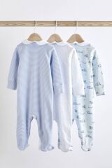 Next Baby % 100 Pamuklu Beyaz Mavi Bebe Yaka Tren Desenli 3’lü Tulum Set