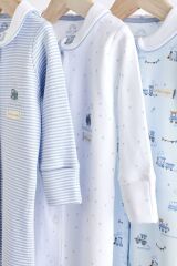 Next Baby % 100 Pamuklu Beyaz Mavi Bebe Yaka Tren Desenli 3’lü Tulum Set