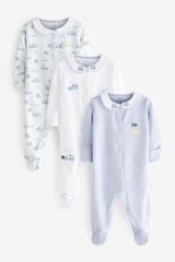 Next Baby % 100 Pamuklu Beyaz Mavi Bebe Yaka Tren Desenli 3’lü Tulum Set