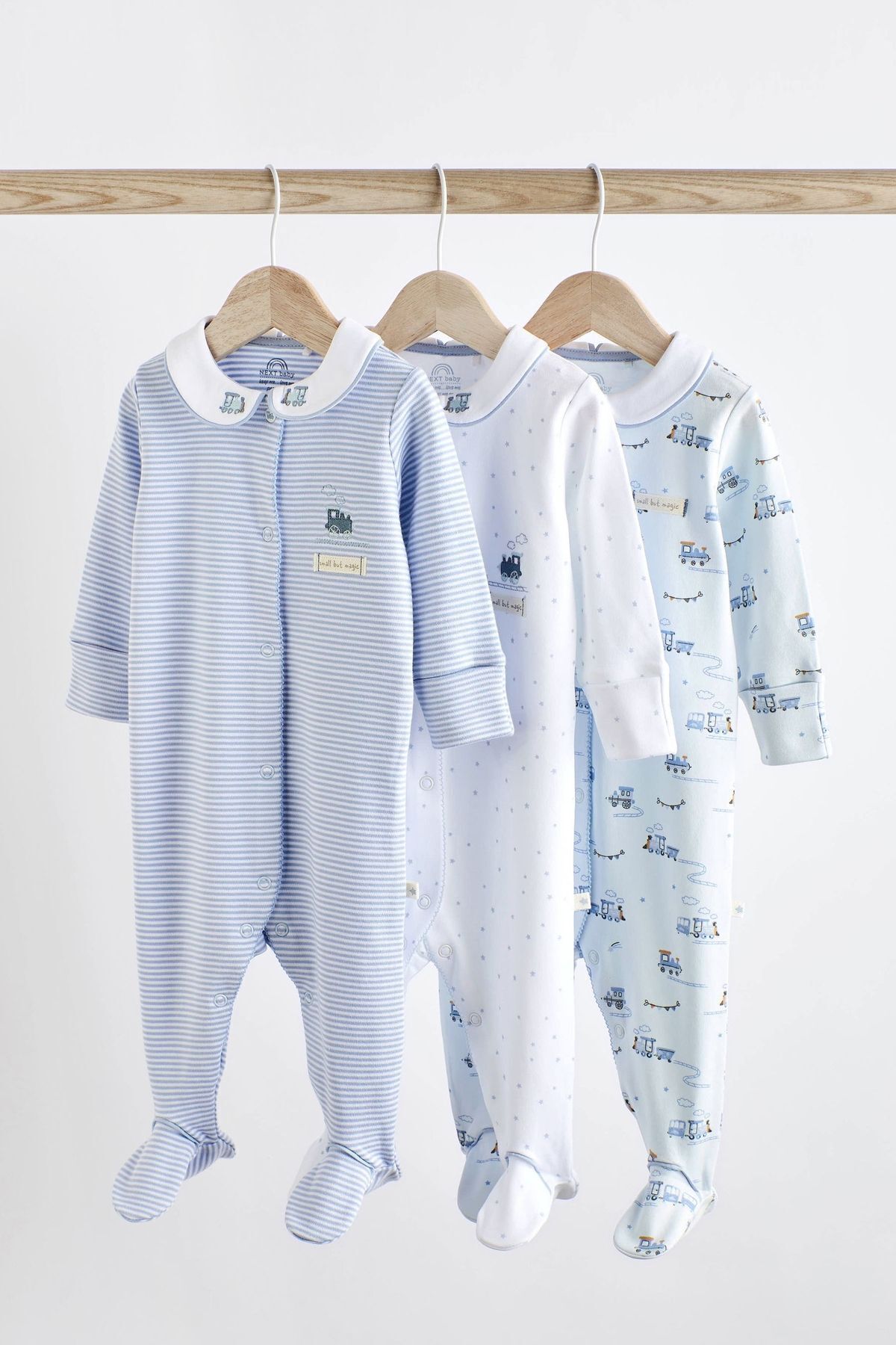 Next Baby % 100 Pamuklu Beyaz Mavi Bebe Yaka Tren Desenli 3’lü Tulum Set