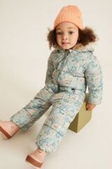 Next Baby Green Floral Lüks Suni Kürklü Suya Dayanıklı Tam Polar Astarlı Kar Tulumu