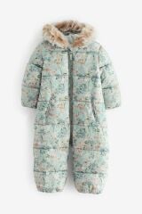 Next Baby Green Floral Lüks Suni Kürklü Suya Dayanıklı Tam Polar Astarlı Kar Tulumu