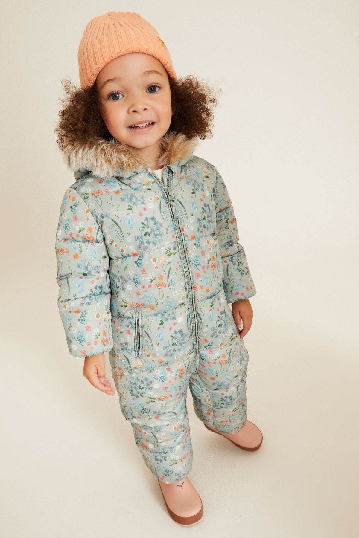 Next Baby Green Floral Lüks Suni Kürklü Suya Dayanıklı Tam Polar Astarlı Kar Tulumu