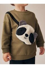 Pamuklu Haki Panda Desenli Çantalı Sweat Jogger Alt Üst Takım