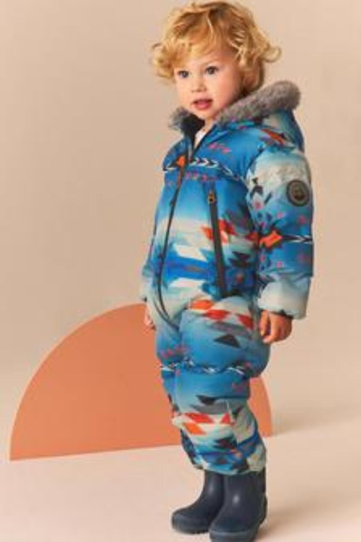 Next Baby Blue White Baskılı Suya Dayanıklı Tam Polar Astarlı Kapüşonlu Kar Tulumu