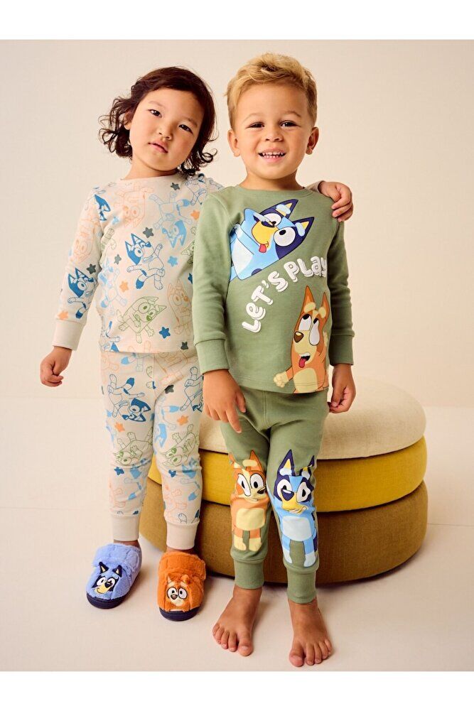 Pamuklu Haki Krem Bluey Desenli Uzun Kollu Pijama Alt Üst Takım