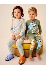 Pamuklu Haki Krem Bluey Desenli Uzun Kollu Pijama Alt Üst Takım