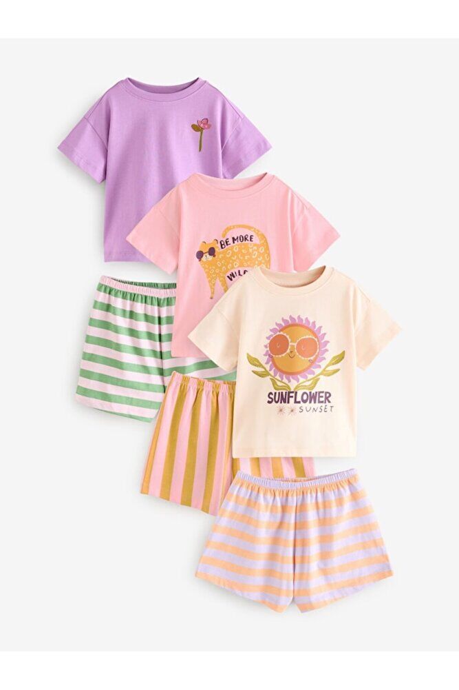 Pamuklu Pembe Mor Ayçiçeği Desenli Kısa Kollu 3'lü Alt Üst Takım