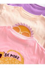 Pamuklu Pembe Mor Ayçiçeği Desenli Kısa Kollu 3'lü Alt Üst Takım