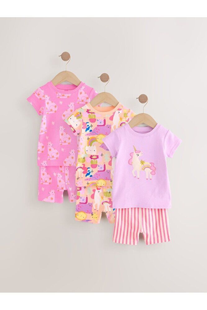 Pamuklu Pembe Unicorn Desenli Kısa Kollu 3'lü Alt Üst Takım