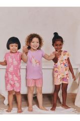 Pamuklu Pembe Unicorn Desenli Kısa Kollu 3'lü Alt Üst Takım