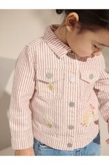 Pembe %100 Pamuklu Çizgili Emblish Western Ceket