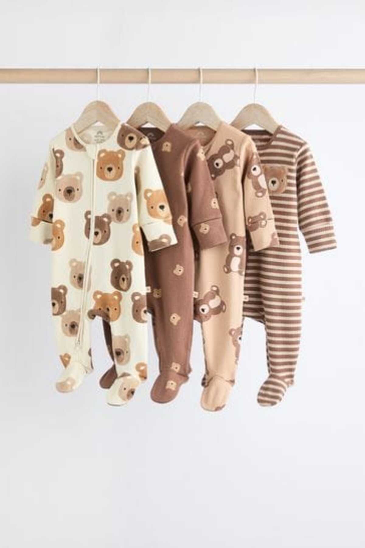 Next Baby % 100 Pamuklu Krem Ayıcık Desenli 4'lü Tulum Set