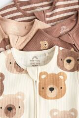 Next Baby % 100 Pamuklu Krem Ayıcık Desenli 4'lü Tulum Set