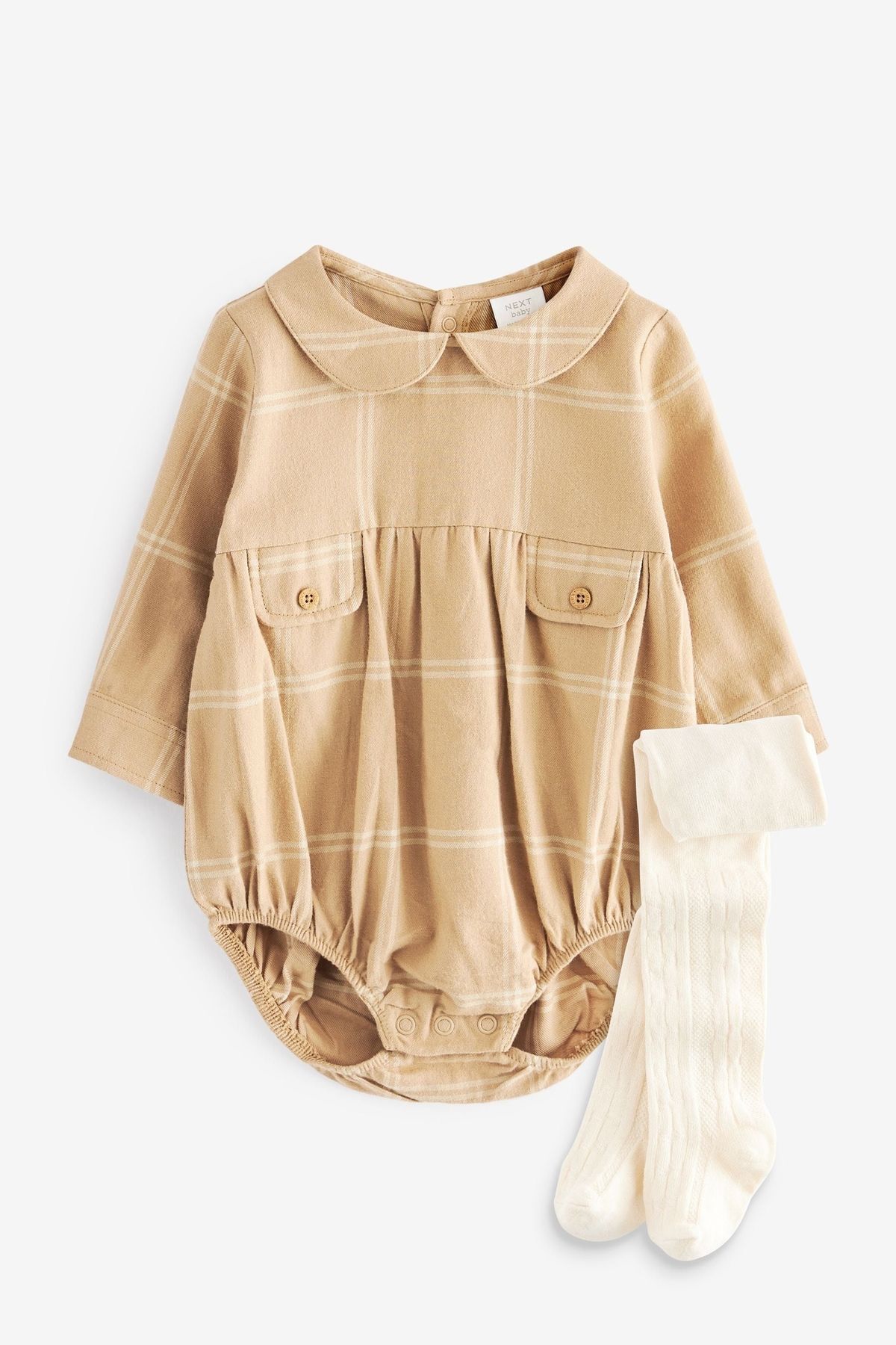 Next Baby % 100 Pamuklu Bej Gömlek Yaka Bebek Romper Kilotlu Çorap Set