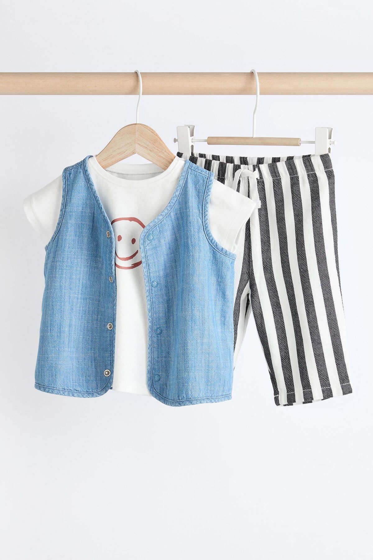 Next Baby Pamuklu Gülen Desenli Kısa Kollu Denim Yelek Çizgili Jogger Pantolon 3’lü Alt Üst Takım