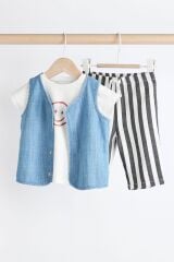 Next Baby Pamuklu Gülen Desenli Kısa Kollu Denim Yelek Çizgili Jogger Pantolon 3’lü Alt Üst Takım